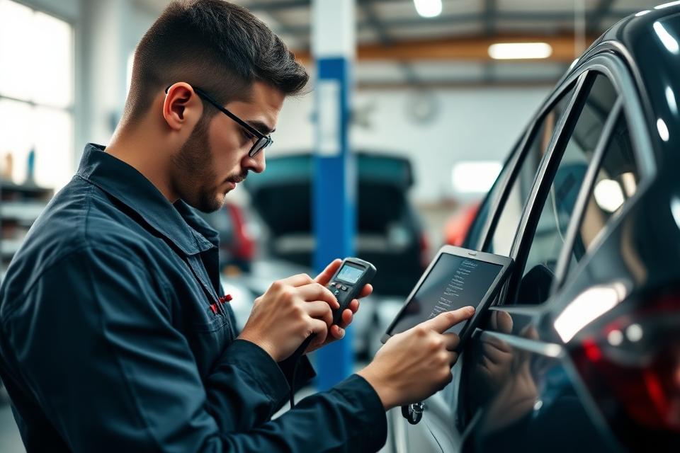 Mechanic using OBD diagnostic scan tool